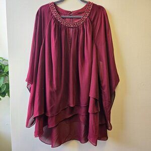 NWT JJ's House 26W Beaded Neckline Layered Burgundy Chiffon Formal Dress Blouse